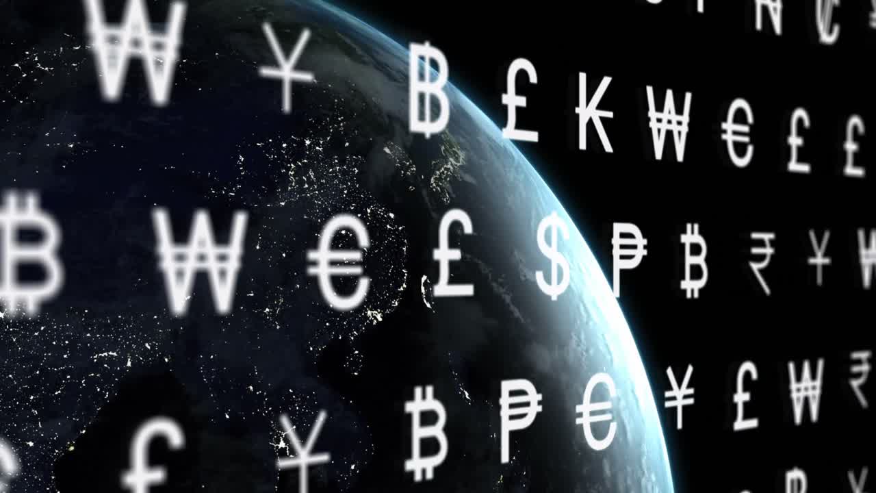 Animazione di simboli di valuta ed elaborazione dati sul globo
