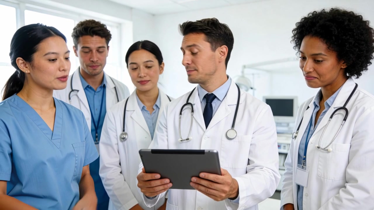 Reviewing 5 clinicians wearing lab coats, reacting to tablet patient data in clinic discussing case