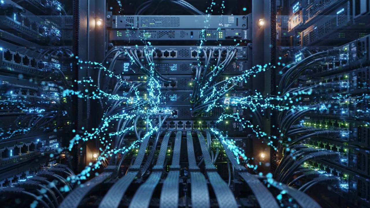 High-Tech Server Room with Network Cables and Blinking Lights Showcasing Data Center Infrastructure and Connectivity in Modern Computing Environments