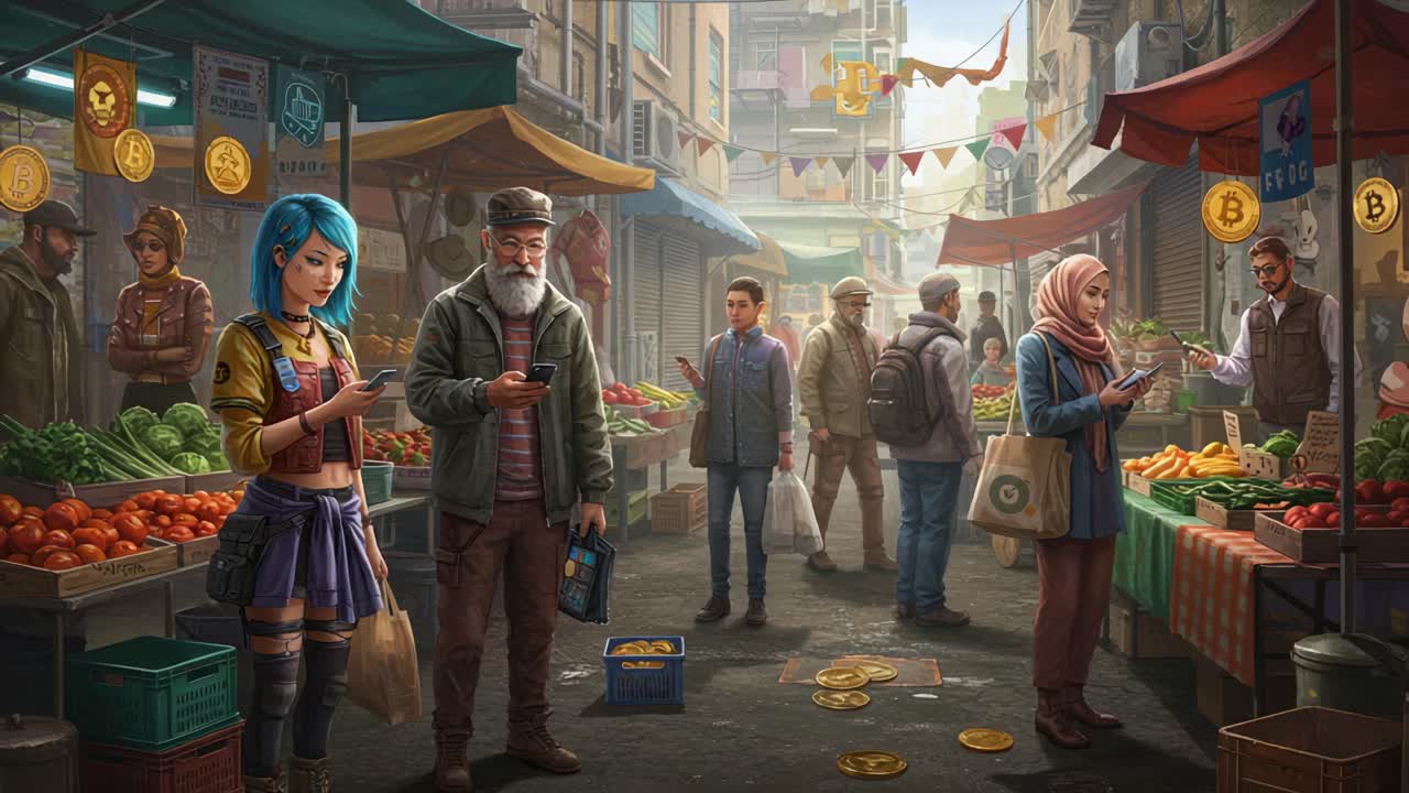 A Vibrant Marketplace Scene Depicting Diverse Characters Engaged in Digital Transactions Amidst Fresh Produce and Traditional Stalls with a Highlight on Cryptocurrency