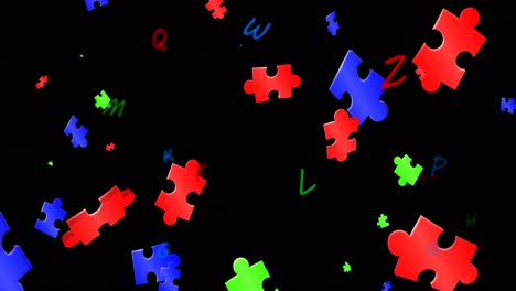 animation of blue, green and red puzzles floating over black background