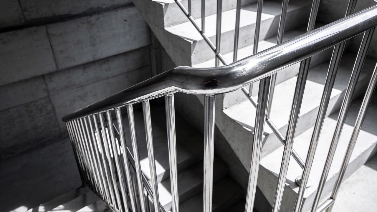 Sunlight entering causing steel handrail and balusters reflecting, casting shadows in stairwell