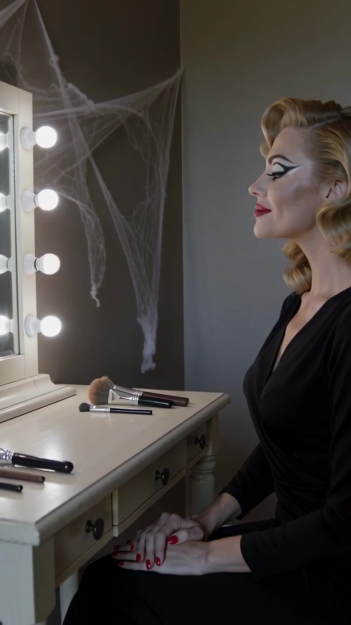 Vertical video: Pulling back showing right woman V-neck posing at vanity prepping makeup