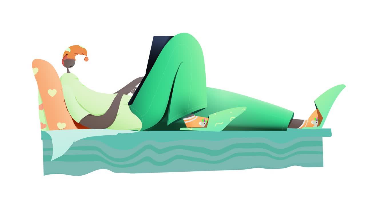 Seamless loop. A African man in pajamas, a cap lies in his bed and works on a laptop before going to sleep. 8 different color variations.