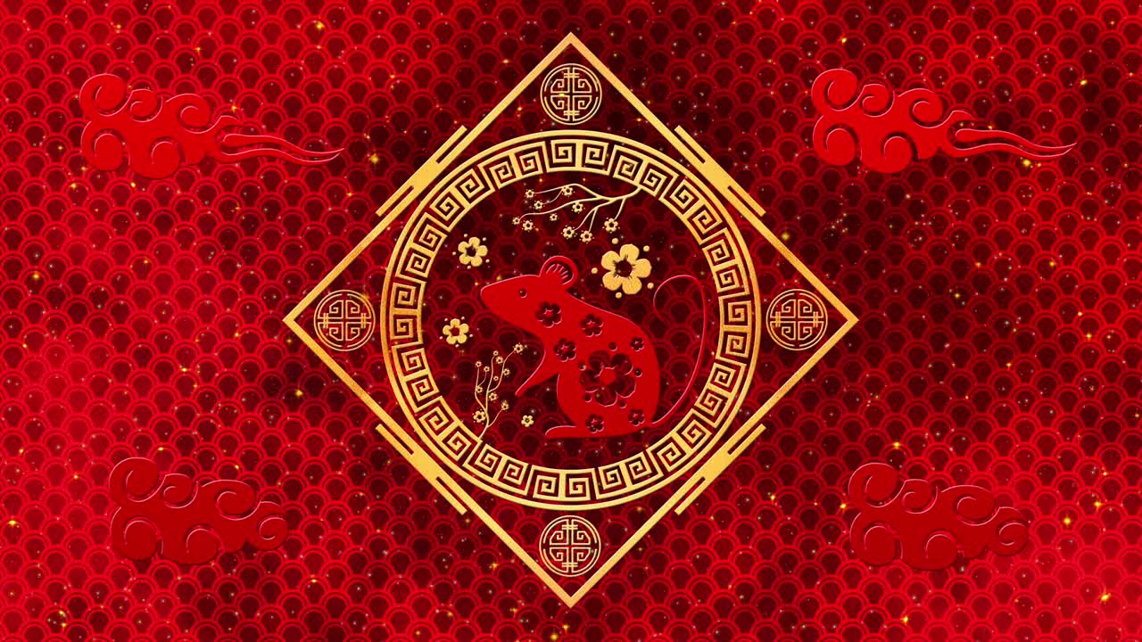 año nuevo lunar, fondo del festival de primavera con rata dorada, sakura, brillante patrón de dragón de seda. telón de fondo de papel rojo del año nuevo chino para el evento de vacaciones. animación de renderización 3d. bucle sin costuras 4k