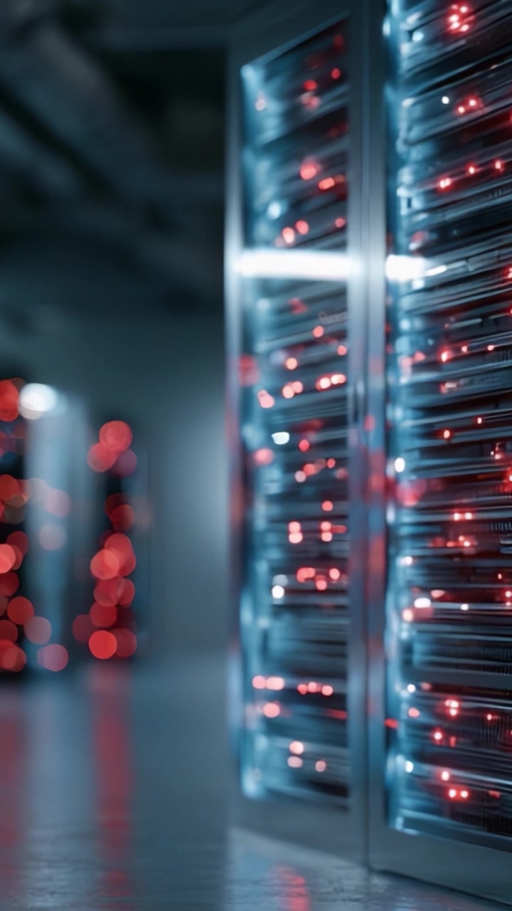 A Modern Data Center Showcasing High-Tech Server Racks Illuminated with Vibrant LED Lights, Creating a Futuristic Atmosphere of Connectivity and Power