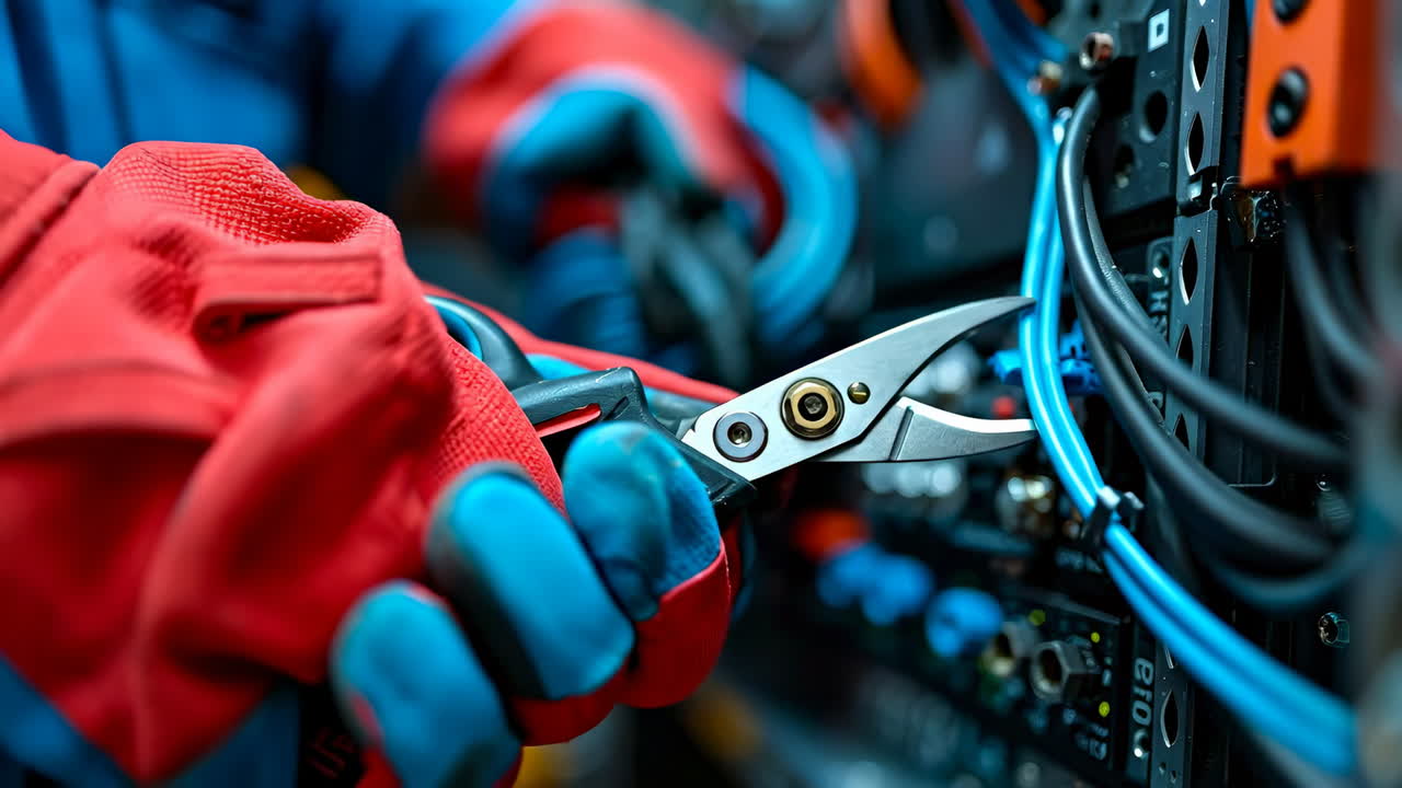 Tech using tools at workstation. A technician in gloves uses pliers to handle wires in an electronic workstation during a maintenance task