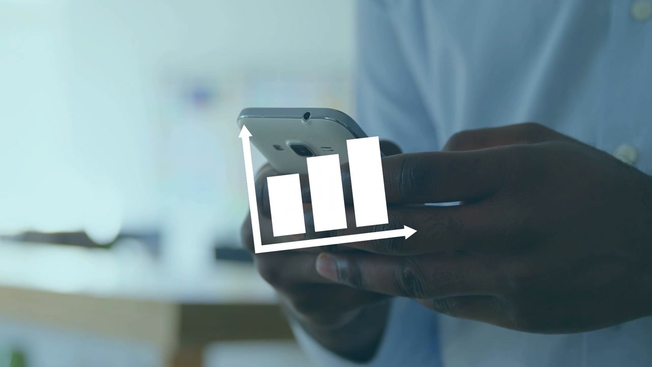 Chart fading in starting overlay while man holding phone, tapping and swiping, checking analytics