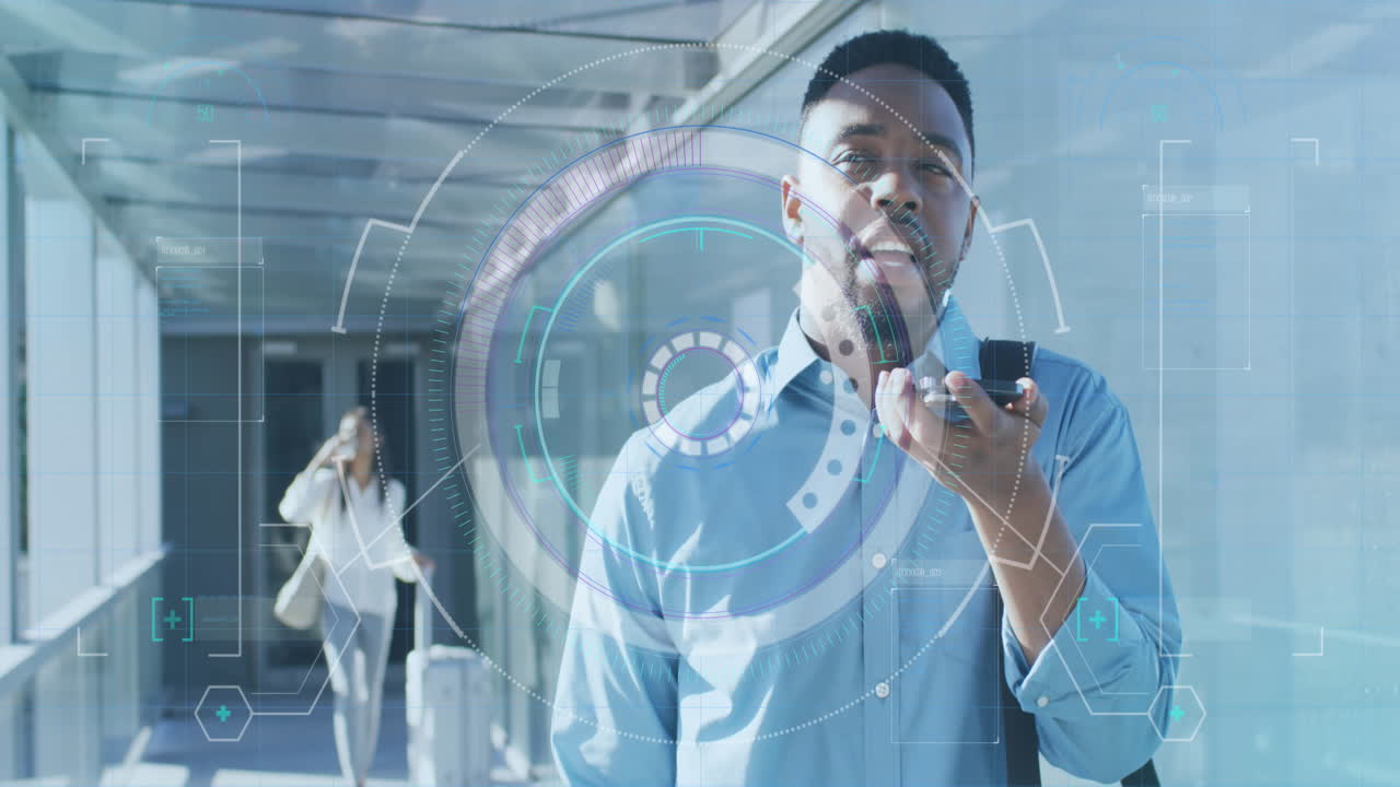 Animation of data processing with scope scanning over african american businessman