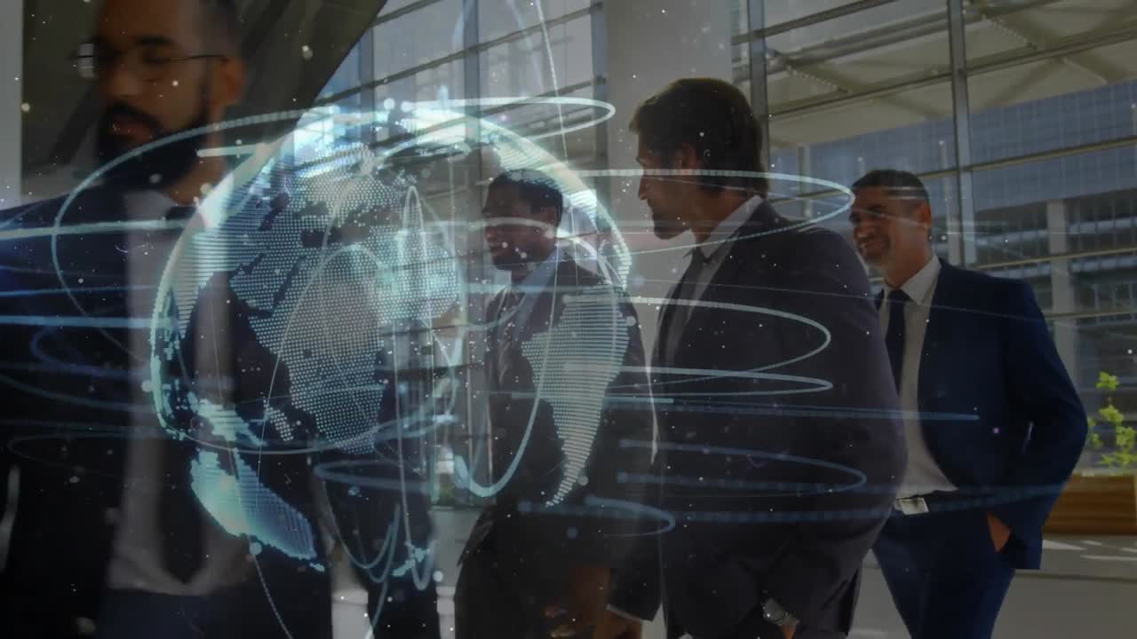 Animation of network of connection and globe over business people in the office