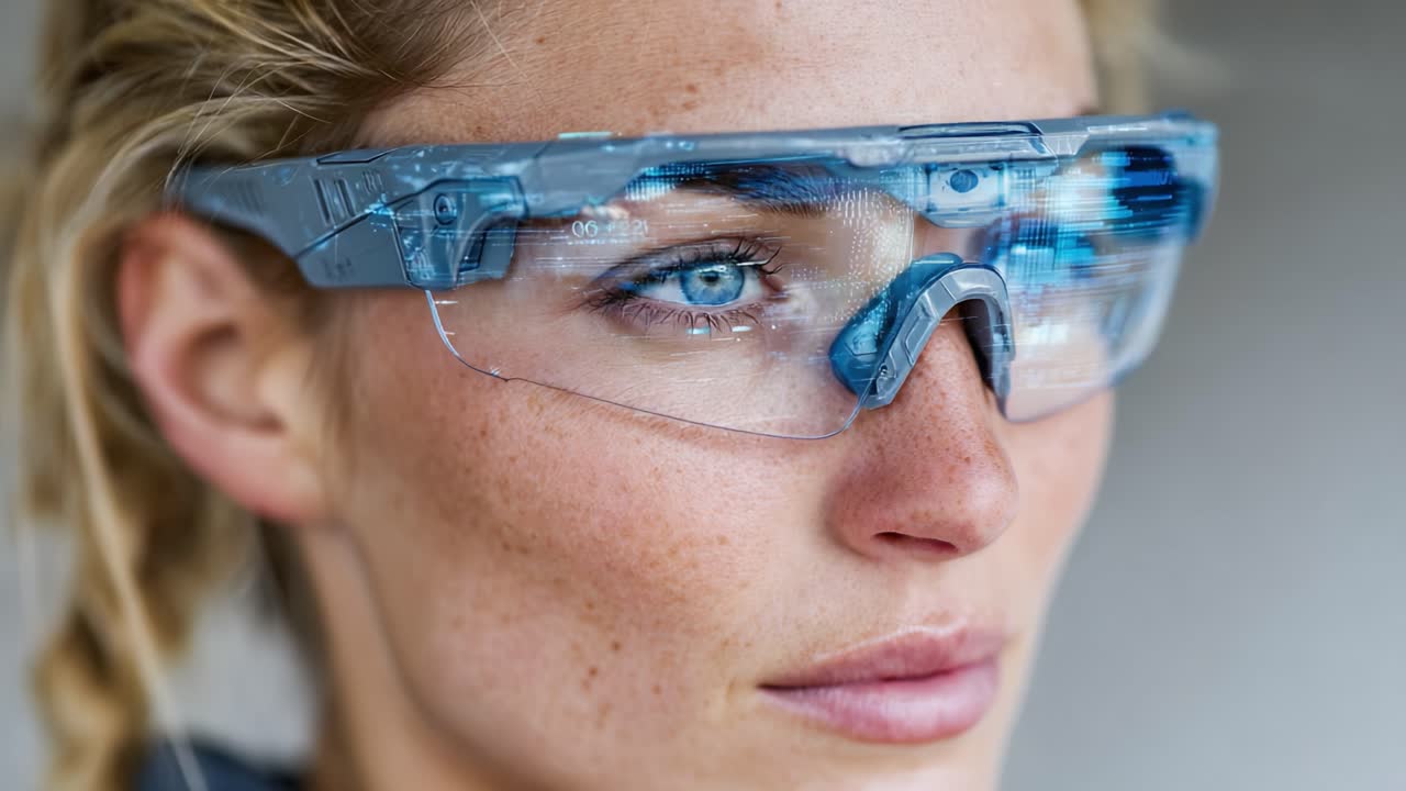 Exploring the Future of Technology: A Close-Up of a Woman Wearing Smart Glasses Featuring Enhanced Vision and Innovative Design