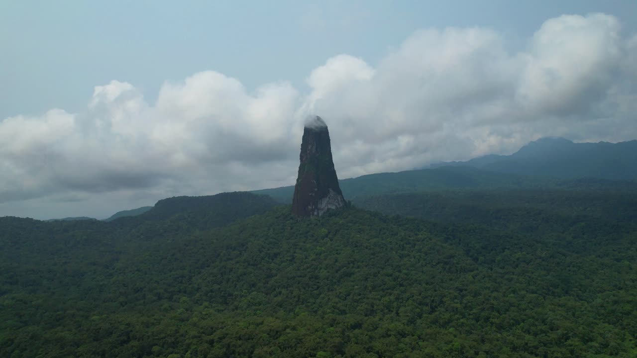 Flying backwards in a circular way over a palm plantation and having the Pico Cão Grande as a background with clouds covering the summit, São Tomé e Principe,Africa
