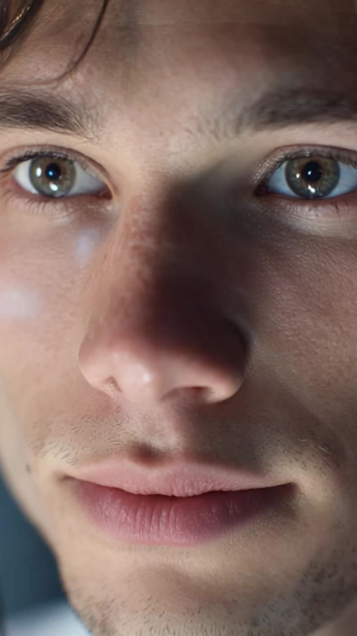 Close-Up of a Young Man's Face with Intense Gaze Captured in Video Frames Showcasing Emotion, Detail, and Clear Focus on Expressive Features