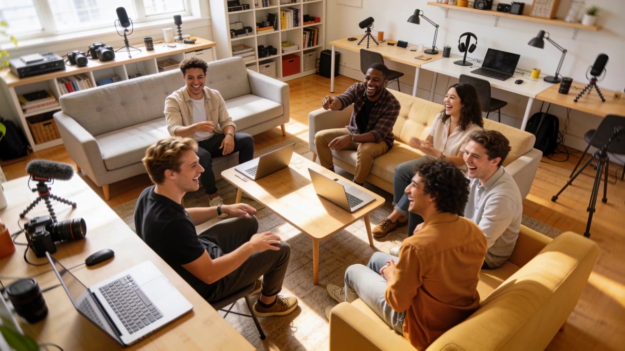 Speaking man in black t-shirt leading brainstorming in studio living room, using two open laptops