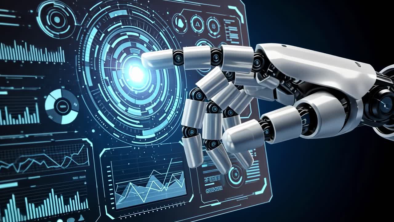 Robot hand interacting with digital interface in a futuristic setting showcasing advanced technology and data visualization
