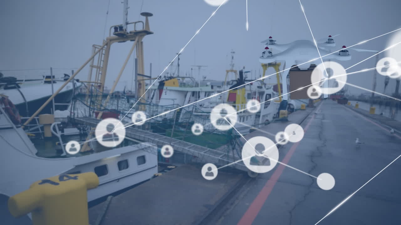 패키지를 운반하는 드론을 통해 아이콘으로 연결된 네트워크의 애니메이션