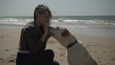 slow motion shot of wet dog giving paws to female owner.