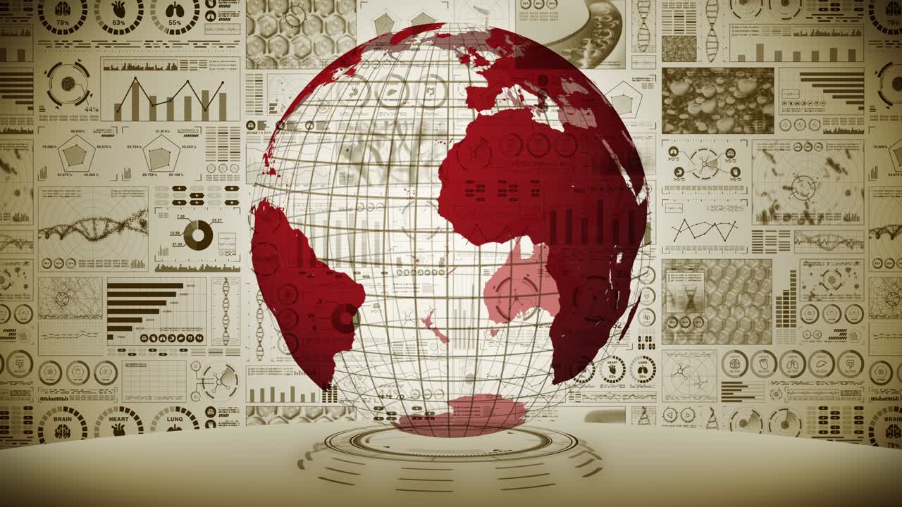 pandemia de infección. tierra global con puntos rojos de infección. holograma médico elementos de datos digitales gráfico. control infeccioso. vírus de curación. animación en bucle.