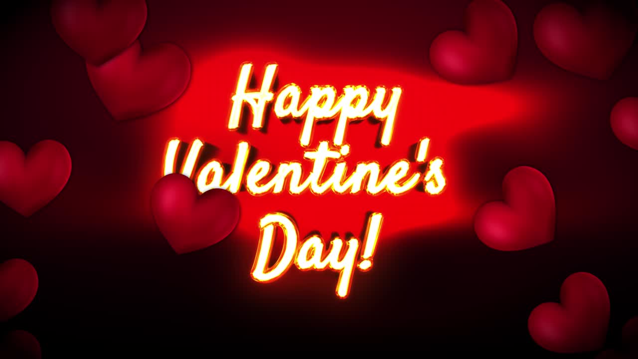 feliz día de san valentín con texto de neón brillante con corazones despellejados fondo de movimiento 4k.