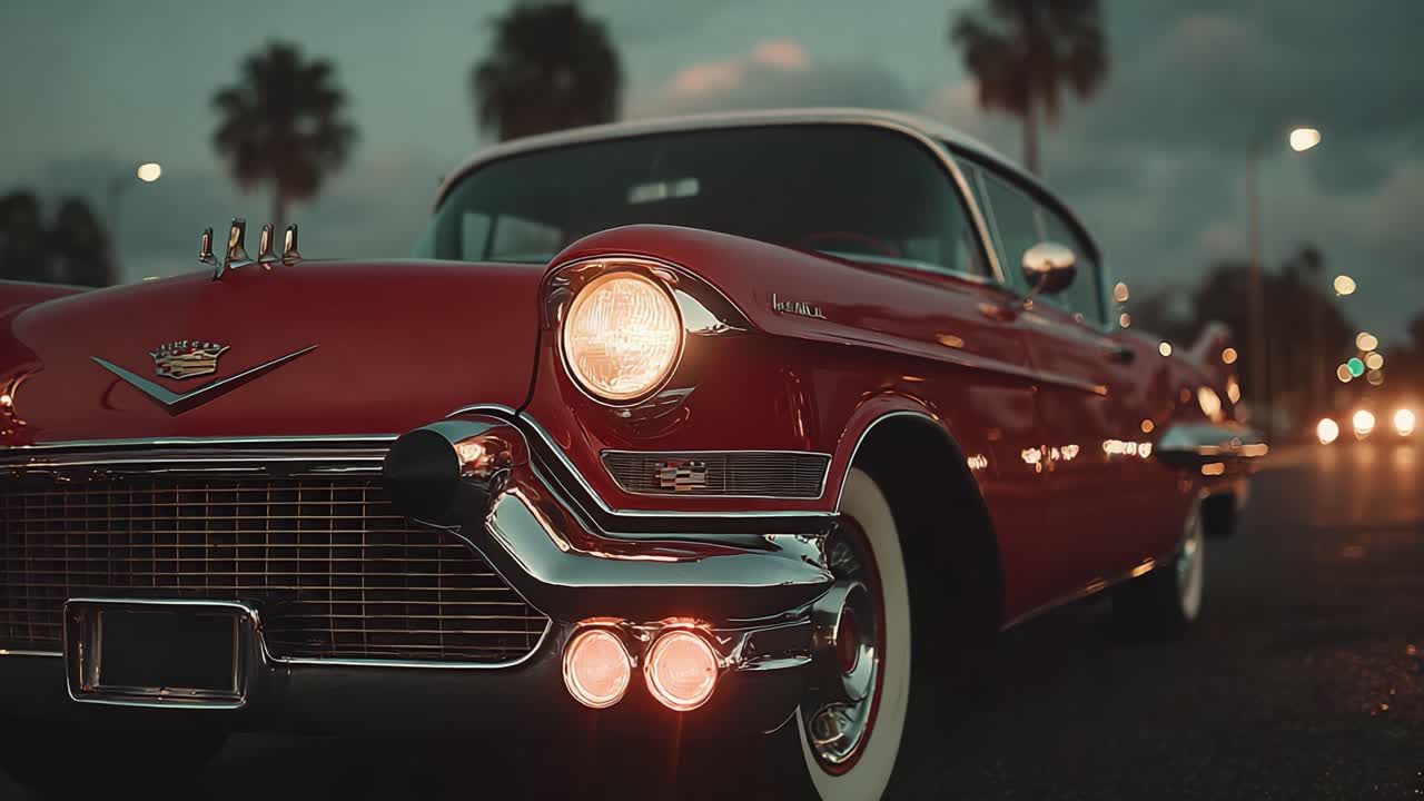 Klassischer Oldtimer, der im urbanen Abendlicht erstrahlt und zeitloses Design und Eleganz auf einer Dämmerungsszene auf der Straße zeigt