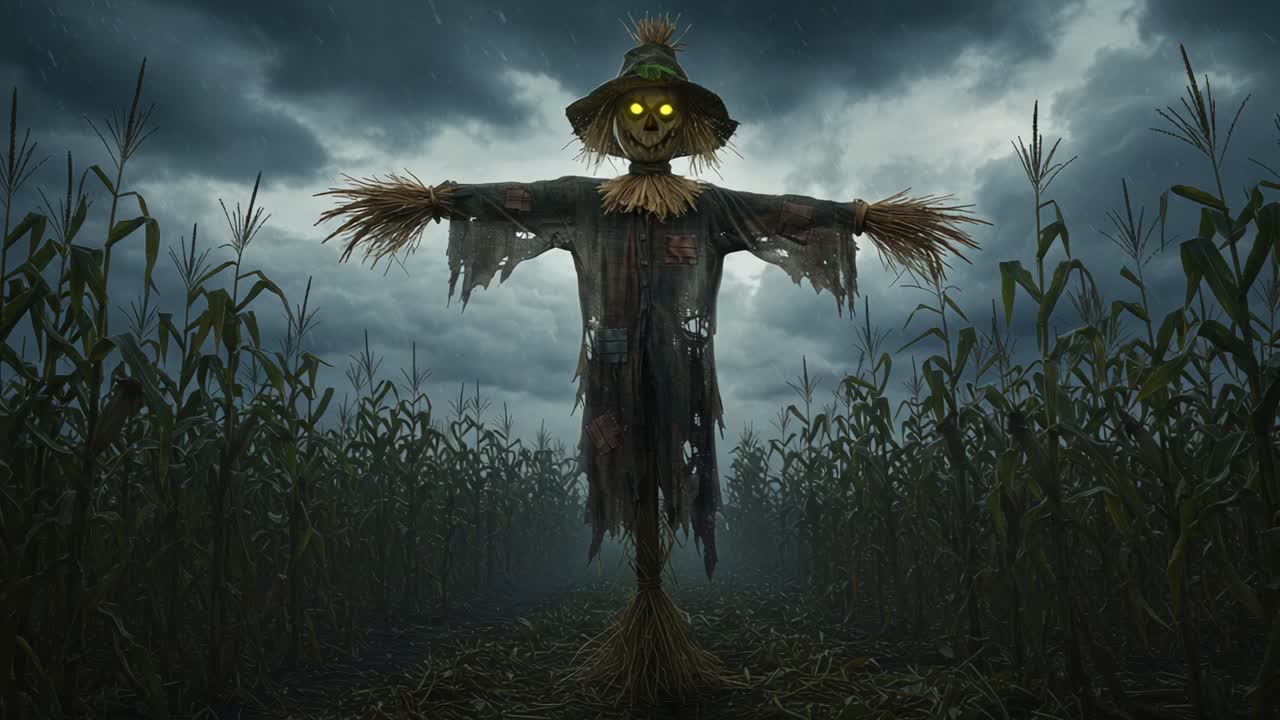 A Mysterious Scarecrow Stands Guard Amidst the Dark, Brooding Cornfield, Illuminated by Eerie Yellow Eyes Beneath a Stormy Sky, Instilling a Sense of Fear and Intrigue