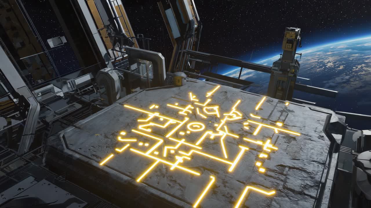 Mysterious Glowing Symbol on a Futuristic Platform in Space Over Earth