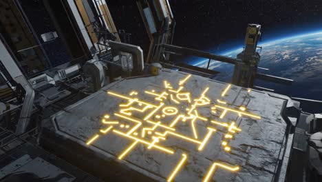 mysterious glowing symbol on a futuristic platform in space over earth