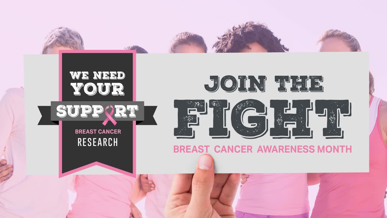 animación del logotipo de la cinta rosa y el texto del cáncer de mama sobre un grupo de un grupo diverso de mujeres