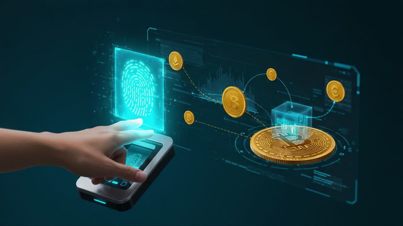 An advanced digital interface showcasing biometric authentication alongside virtual currencies, combining security measures with modern cryptocurrency transactions for enhanced user experience