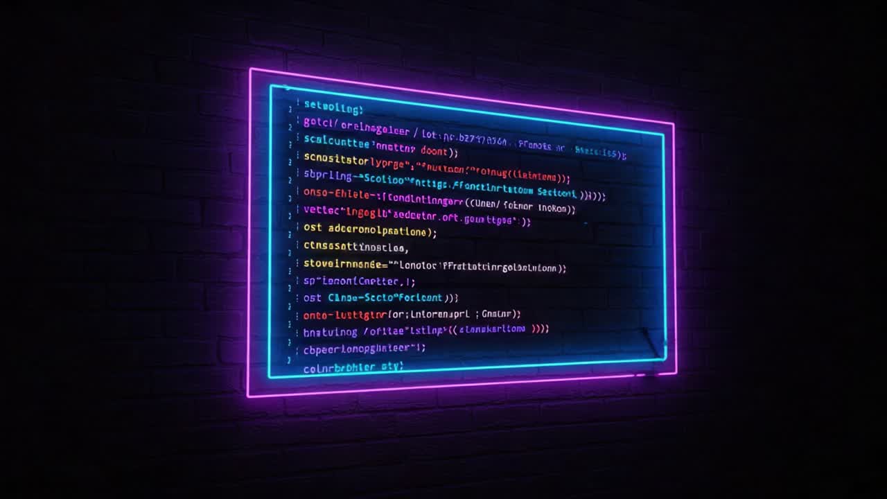 Illuminated Code Display: A Neon Visual Representation of Programming Syntax in Bold Colors, Capturing Essential Elements of Modern Coding Practice
