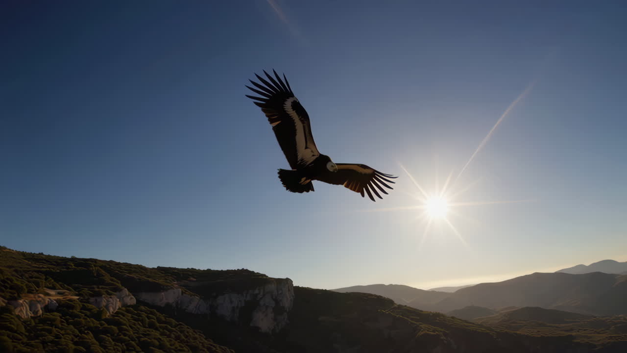 Majestic Bird Soaring Over Mountain Landscape with Sun