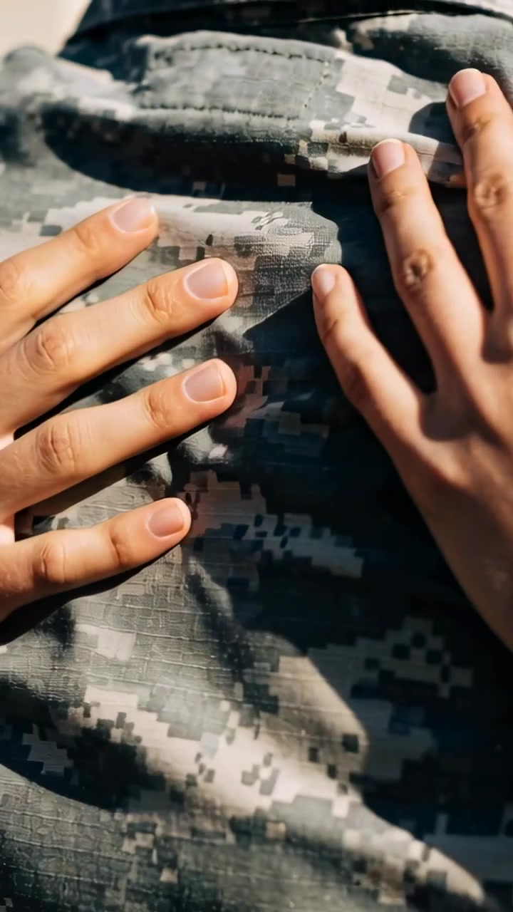 Vertical video: Arriving hands pressing and pulling digital camo jacket patch outside, steadying