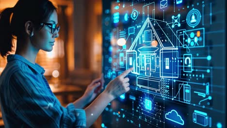 woman interacting with smart home technology on a touchscreen