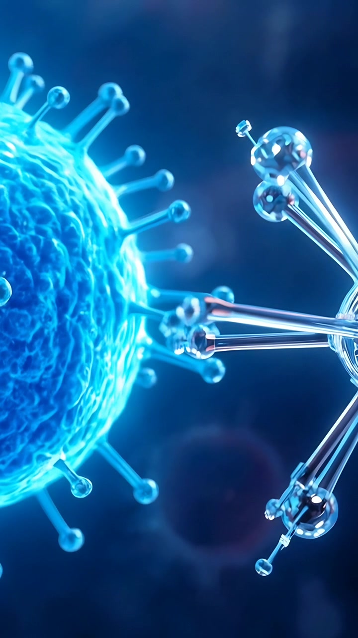 Vertikal video: Sansende nanobot bevæger sig til venstre mod en blå sfære i mikrosimulering, gribearme justeres, med plads til tekst.