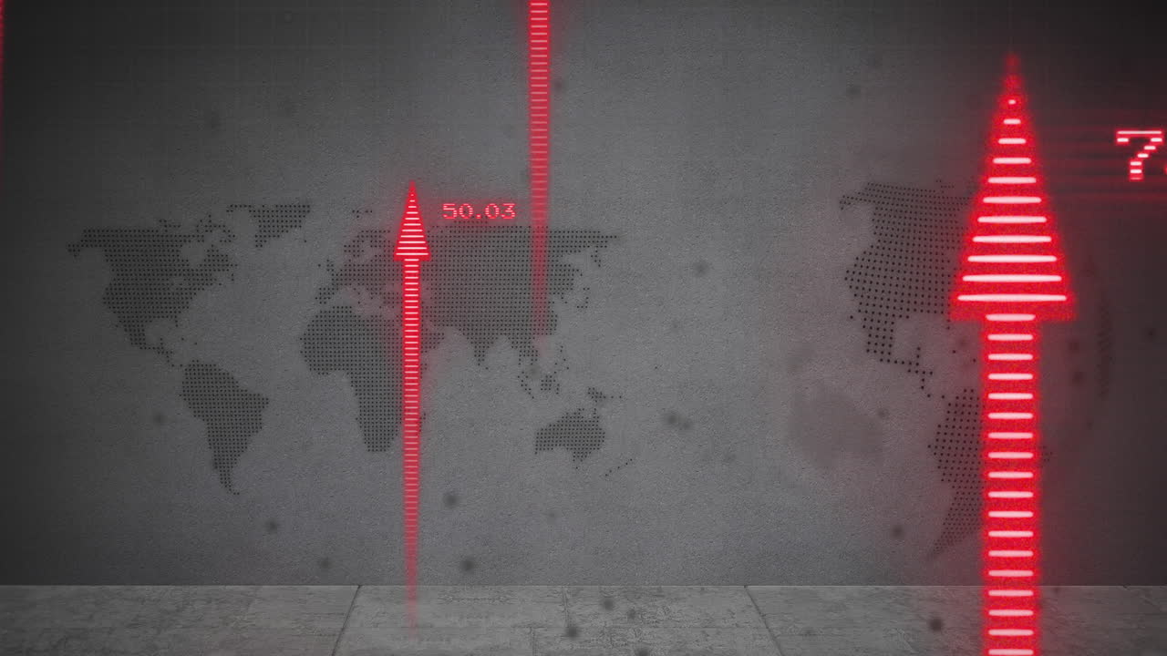 데이터 처리 및 세계 지도 및 지구상의 화살표의 애니메이션