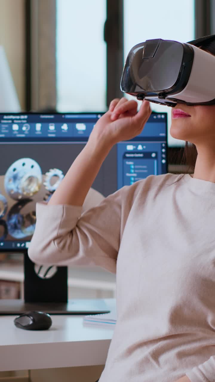 Vertical Video Asian woman engineer creates prototypes with vr glasses and 3D modeling software