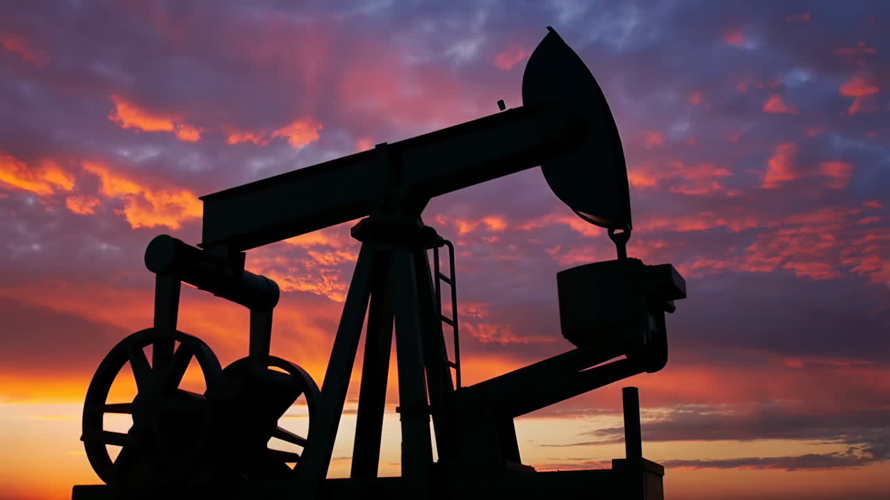 Oil Pump Jack Silhouette Against a Colorful Sunset Sky