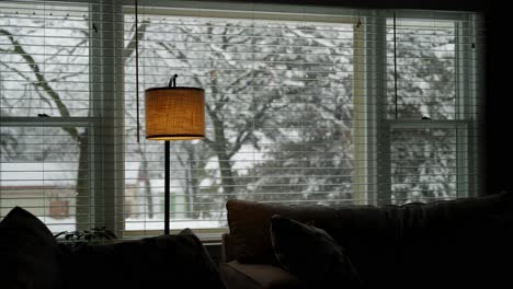 viewing a snow storm out of a window from a living room