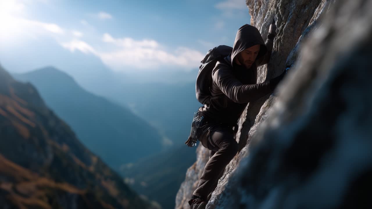 A determined climber conquers a steep rock face, showcasing strength and perseverance against a breathtaking mountainous backdrop, engulfed in nature's beauty