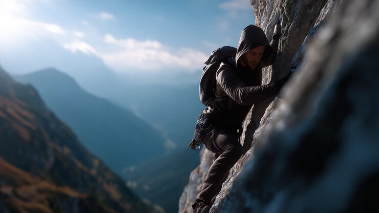 Un alpinista determinato conquista una ripida parete rocciosa, mostrando forza e perseveranza contro uno sfondo montuoso mozzafiato, immerso nella bellezza della natura.