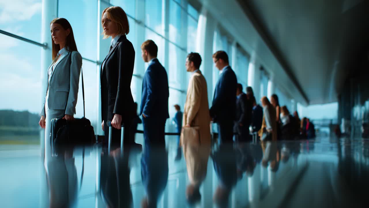 A sophisticated line of professionals awaits their departure in a bright and modern terminal, showcasing the essence of business travel where time and style converge in a sleek environment