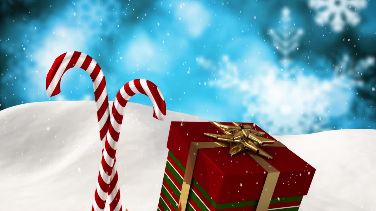 사탕 막대기 위에 떨어지는 눈의 애니메이션과 눈에 존재하는