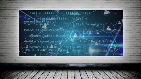 Animation of network of connections and data processing over wall
