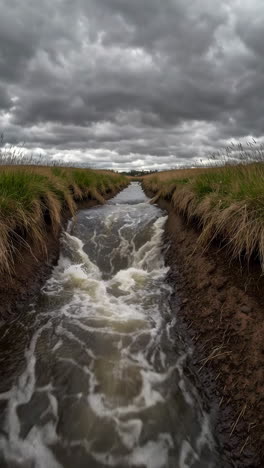 water flowing through a rural channel under a cloudy sky