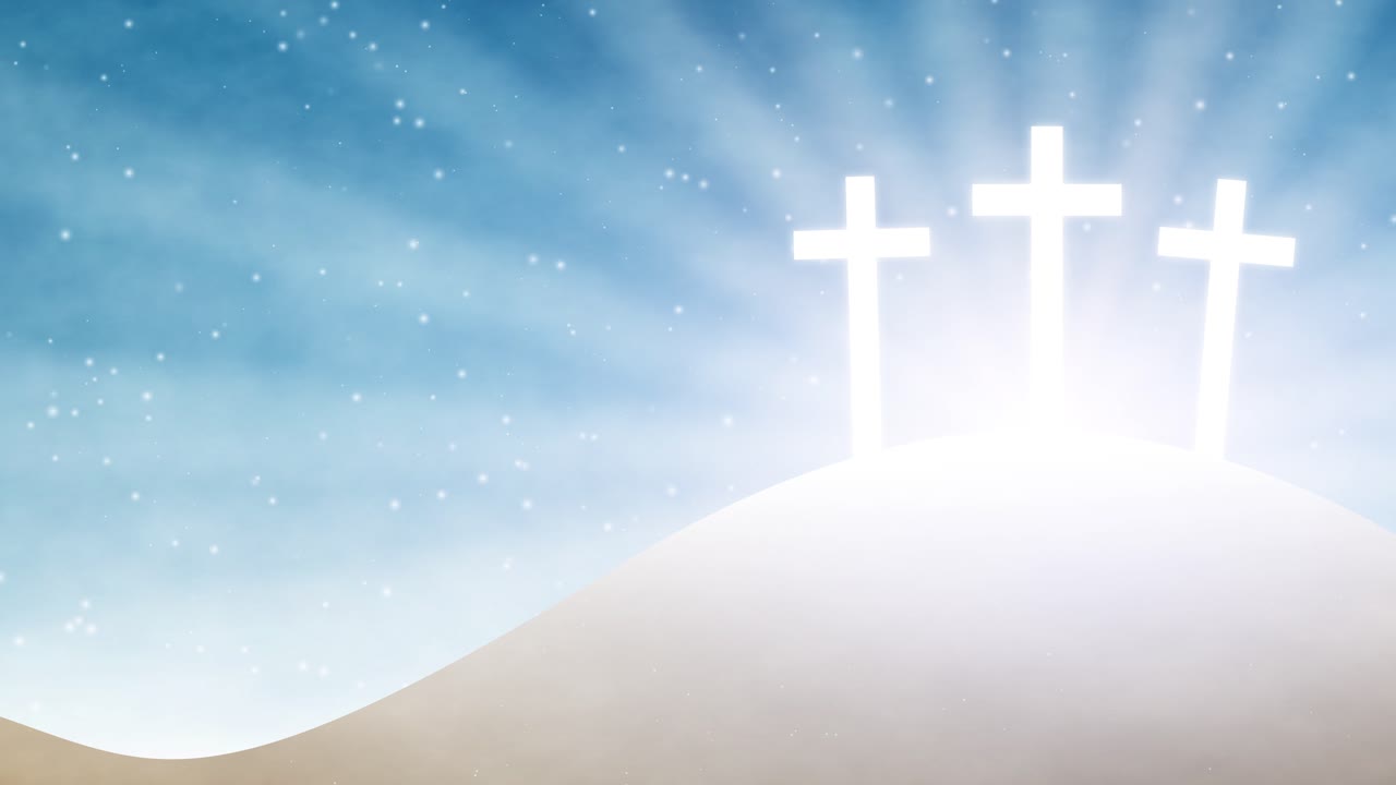 Three white crosses at Golgotha against a blue sky filled with divine light rays and floating particles, faith, hope, resurrection