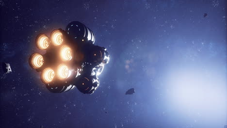 spaceship navigating through asteroid belt in deep space
