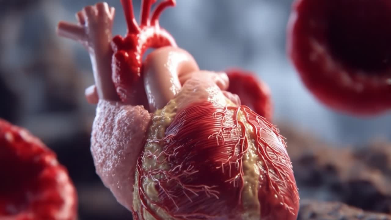 A Close-Up of a Realistic Heart Model Surrounded by Blood Cells, Showcasing Detailed Anatomy and Vascular Features, Ideal for Educational Purposes and Medical Illustrations