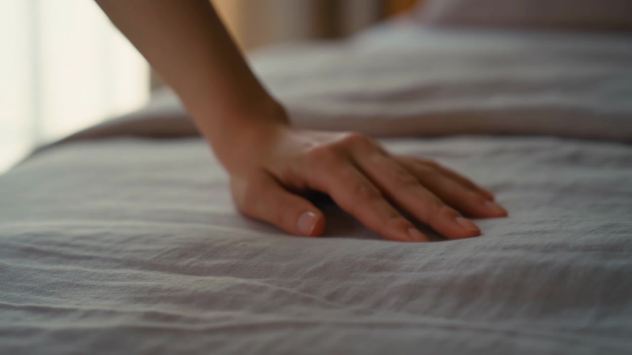Hand Smoothing Linen On Bed, Soft Morning Light Filters Through Curtains, Shallow Depth Of Field Focuses