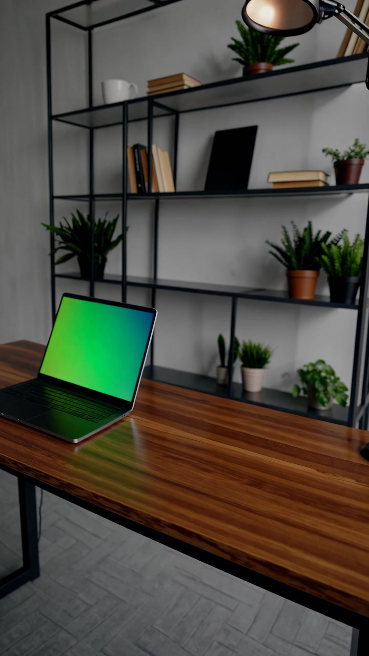 Laptop With Green Screen on Wooden Desk in Modern Office