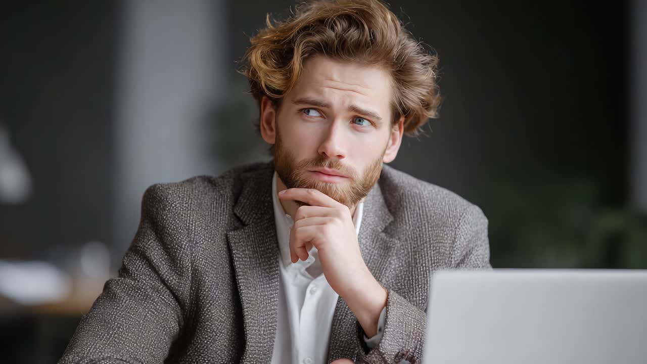 A Pensive Young Man in Business Attire Contemplates Future Decisions in a Modern Office Setting, Capturing a Moment of Reflection and Thoughtful Consideration